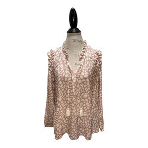 Vineyard Vines Mauve Pink & White Ruffle Long Sleeve Keyhole Neck Top Women's M